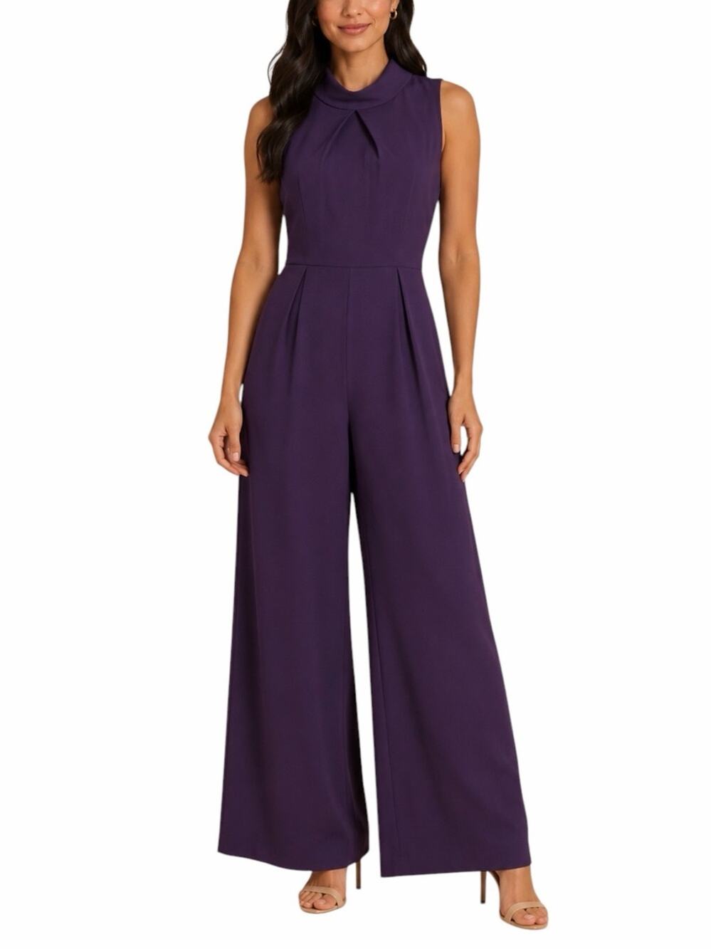 Julia Jordan Wide Leg Jumpsuit Size 12 Sleeveless Tie Neck Plum NWT Minimalist